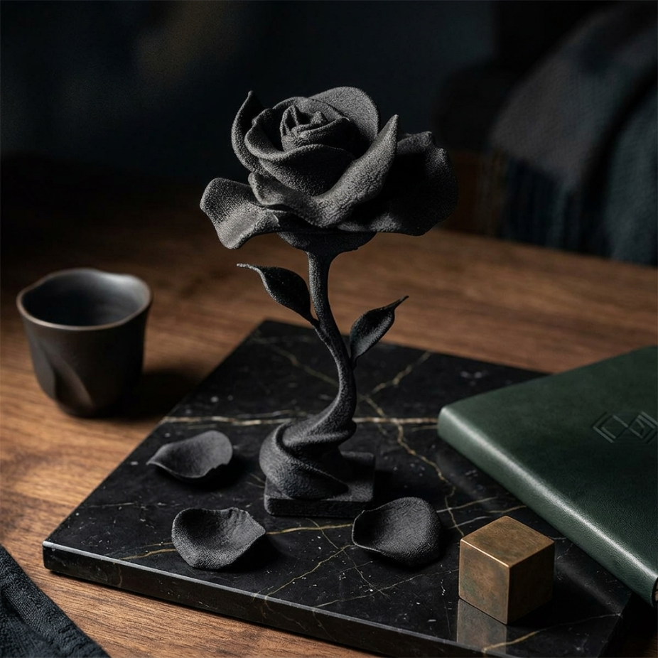 Декоративна черна роза върху мраморна плоча, ръчно изработена 3D фигура – елегантна изненада от exe.bg.