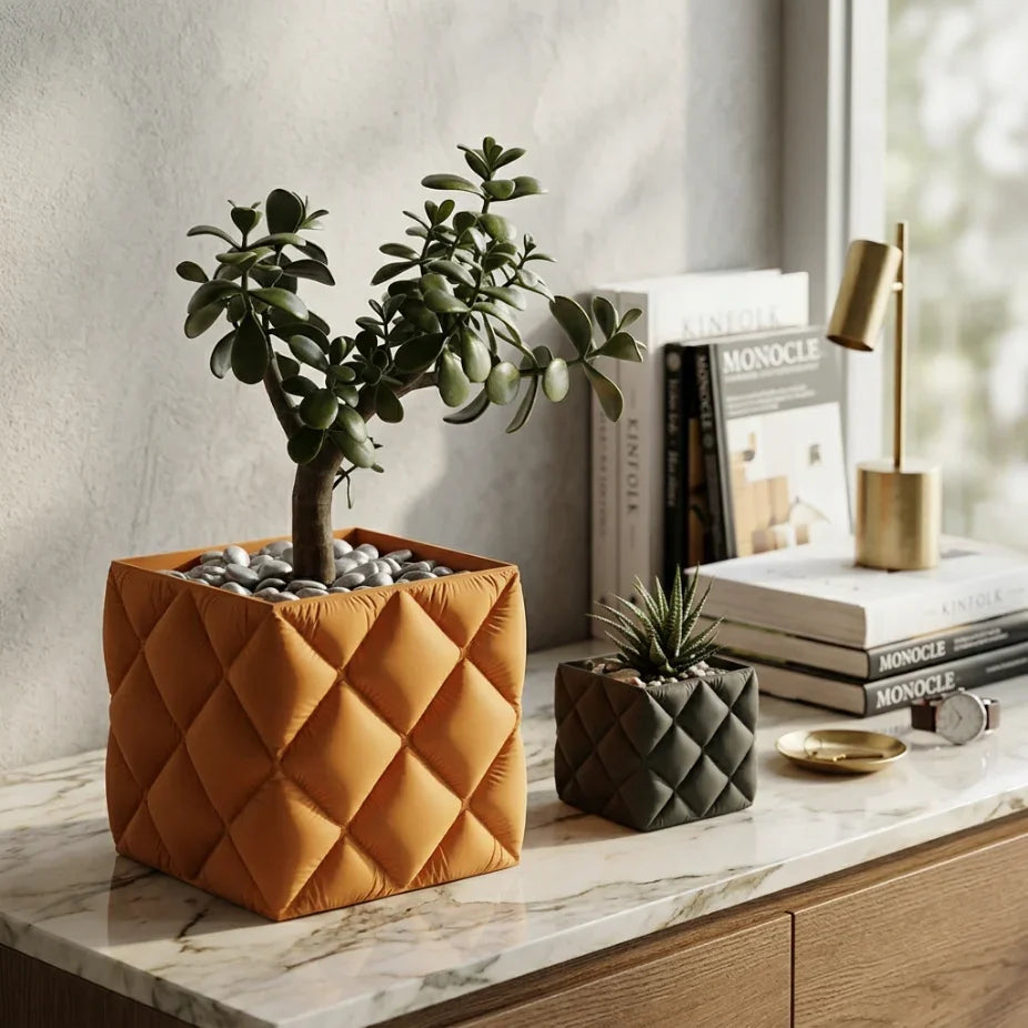 Декоративни саксии с модерна релефна текстура, подходящи за стилна изненада, върху мраморен шкаф.