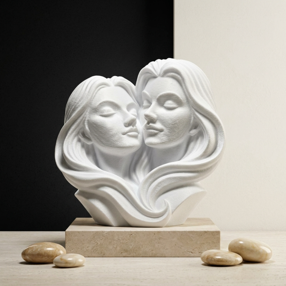 Бяла 3D скулптура на две женски лица, ръчна изработка, стилна декорация за спомен.