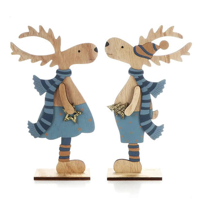 Комплект дървени фигурки с дизайн коледни елени, в син цвят 