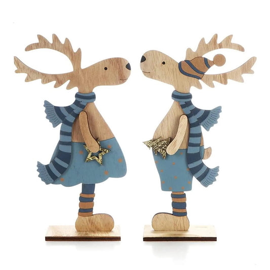 Комплект дървени фигурки с дизайн коледни елени, в син цвят 