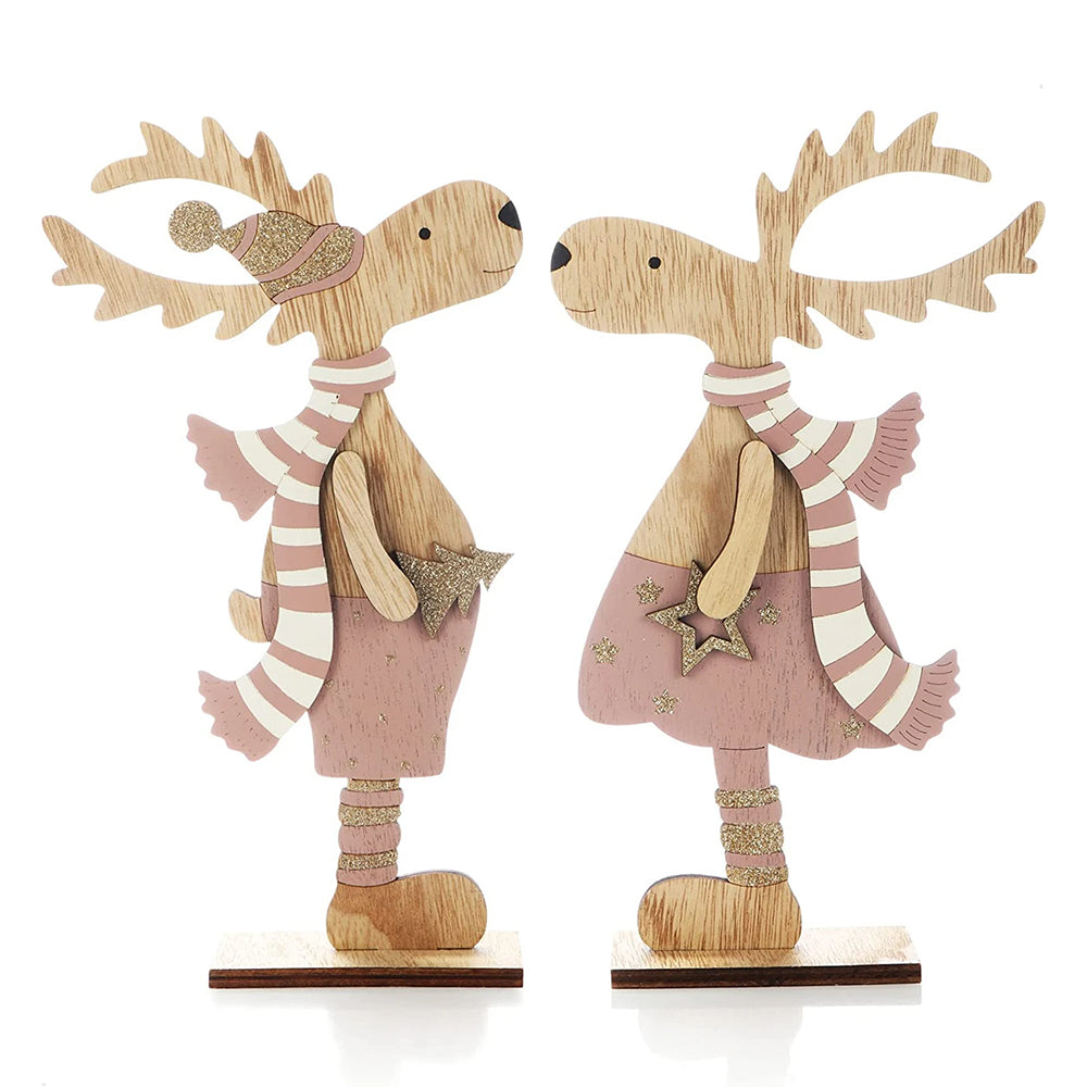 Декоративни коледни елени от дърво, вариант в розов цвят 