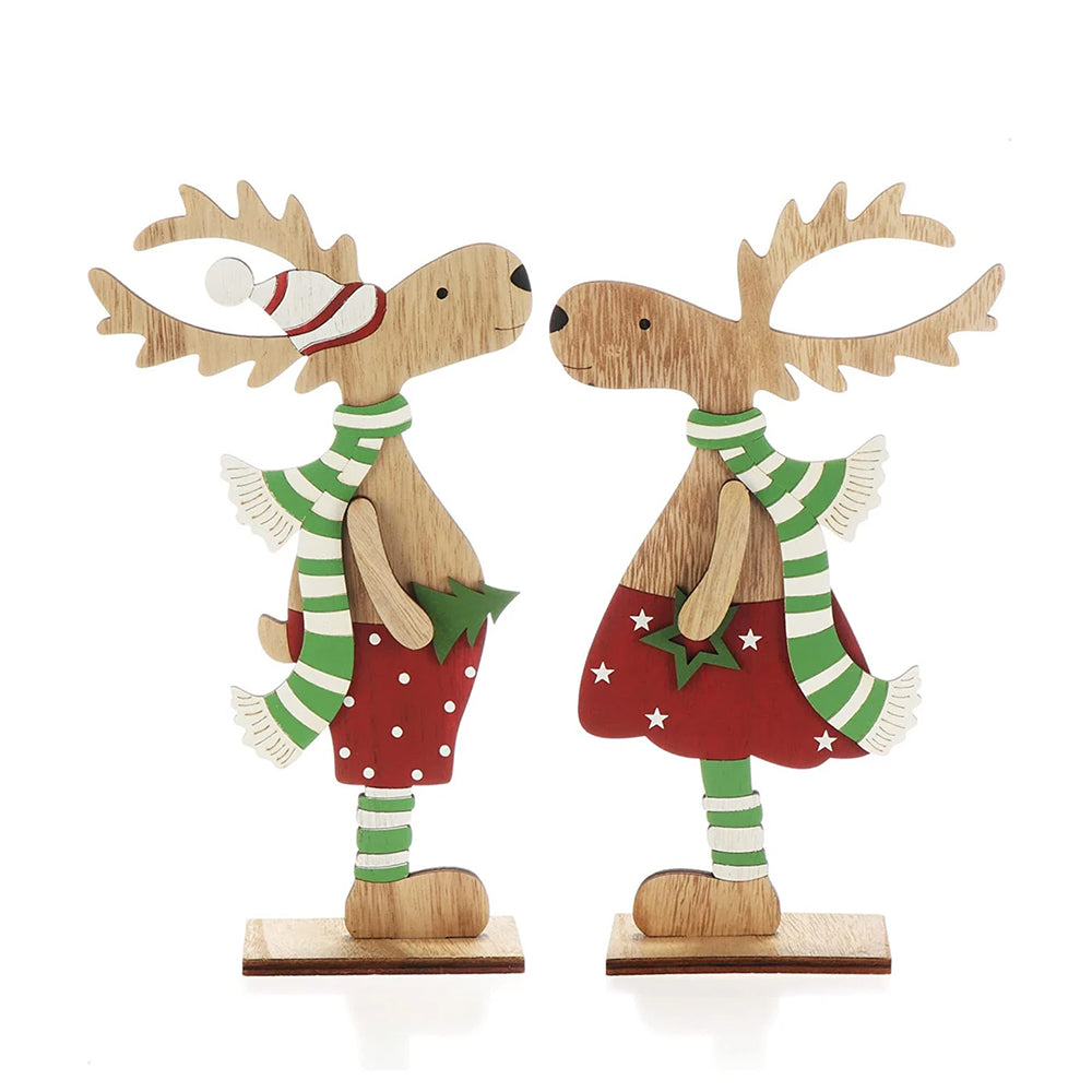 Декоративни коледни елени от дърво, вариант в червен цвят 