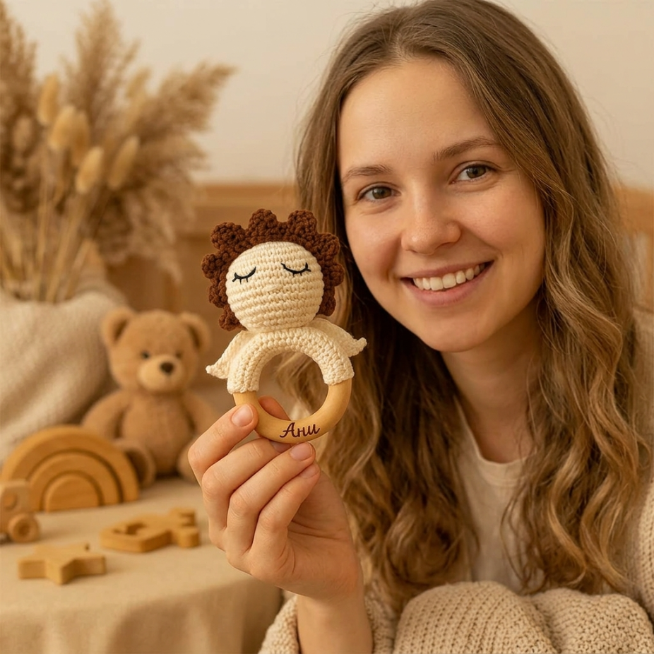 Персонализирана плетена бебешка дрънкалка – феичка, жирафче или агънце с дървен ринг