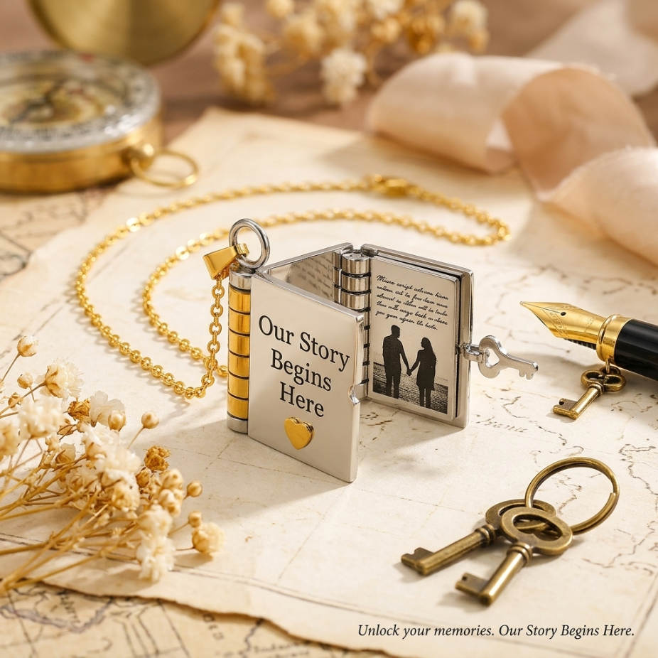 Гравирано колие книга със сърце с персонализирано послание