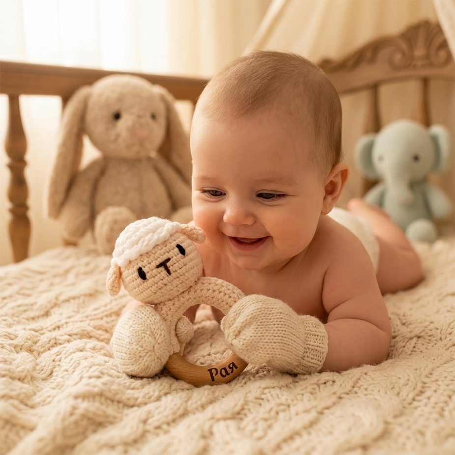Персонализирана плетена бебешка дрънкалка – феичка, жирафче или агънце с дървен ринг