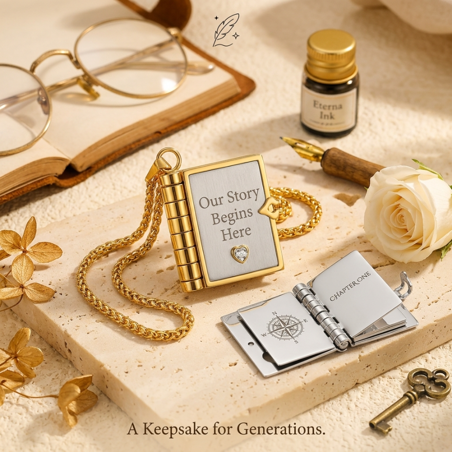 Гравирано колие книга със сърце с персонализирано послание