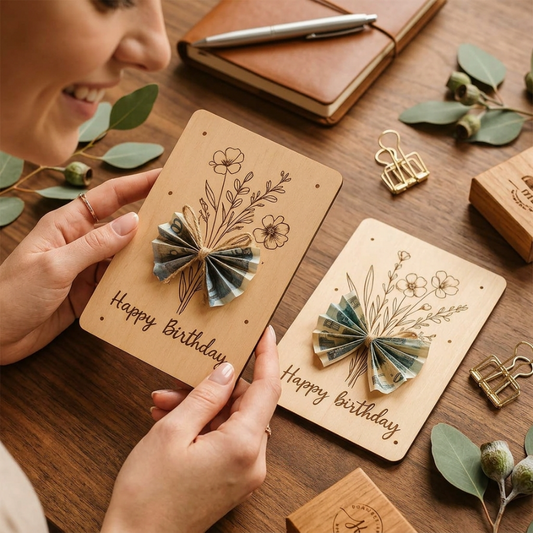 Дървена картичка с панделка от пари – Луксозен подарък за рожден ден с гравирано послание