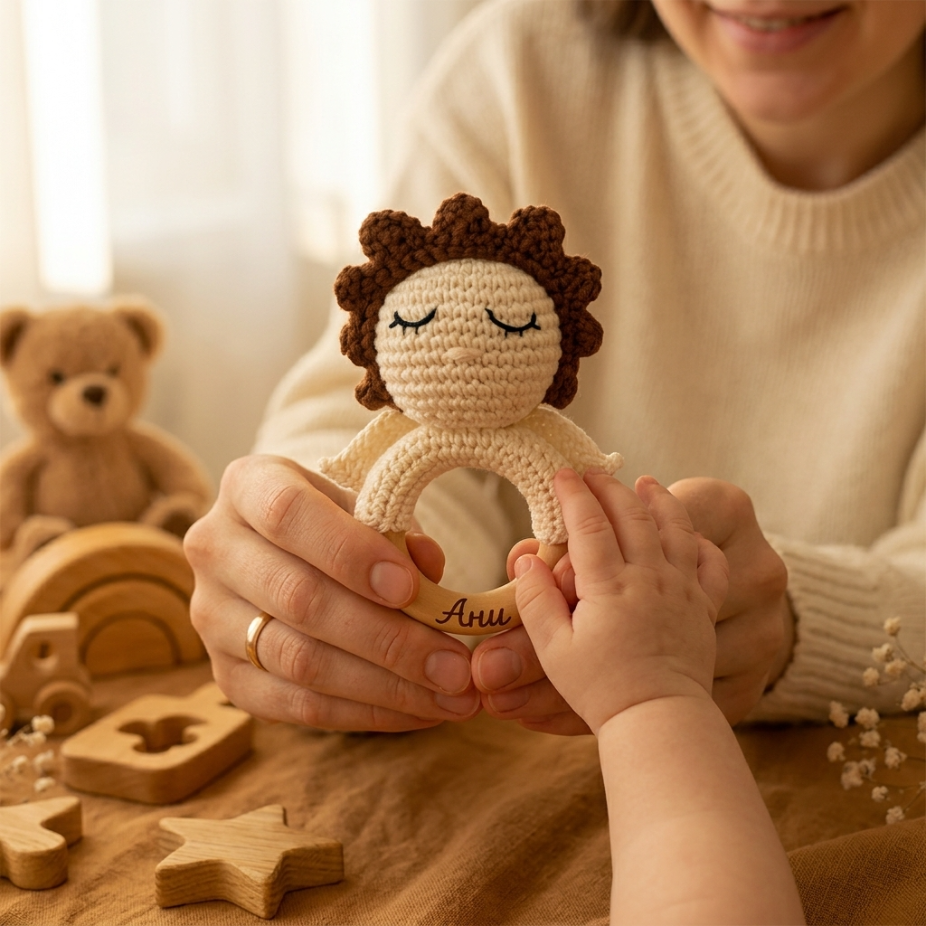Персонализирана плетена бебешка дрънкалка – феичка, жирафче или агънце с дървен ринг