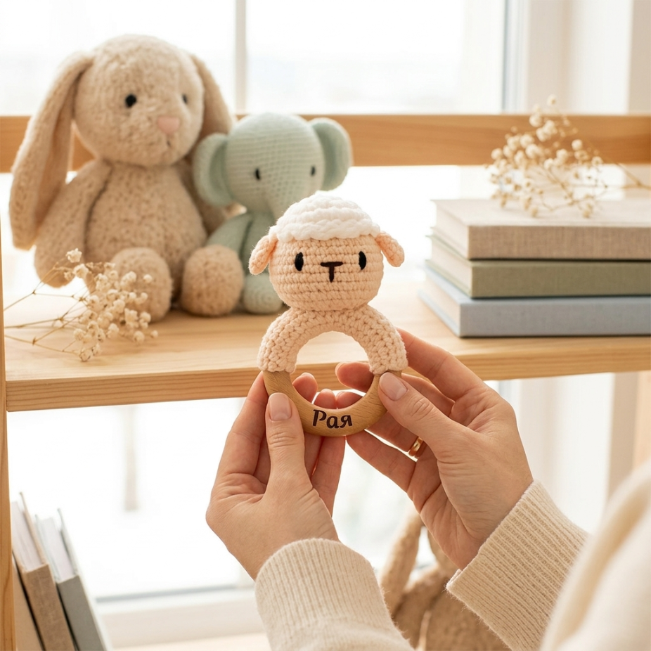 Персонализирана плетена бебешка дрънкалка – феичка, жирафче или агънце с дървен ринг