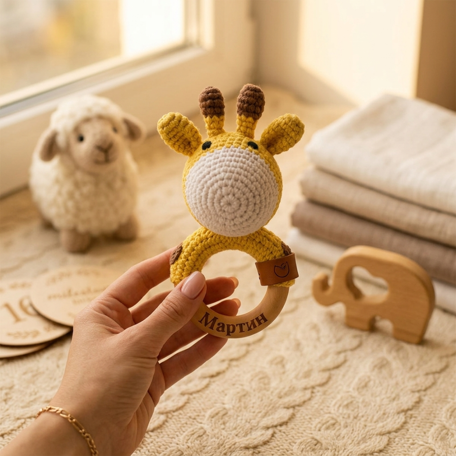 Персонализирана плетена бебешка дрънкалка – феичка, жирафче или агънце с дървен ринг