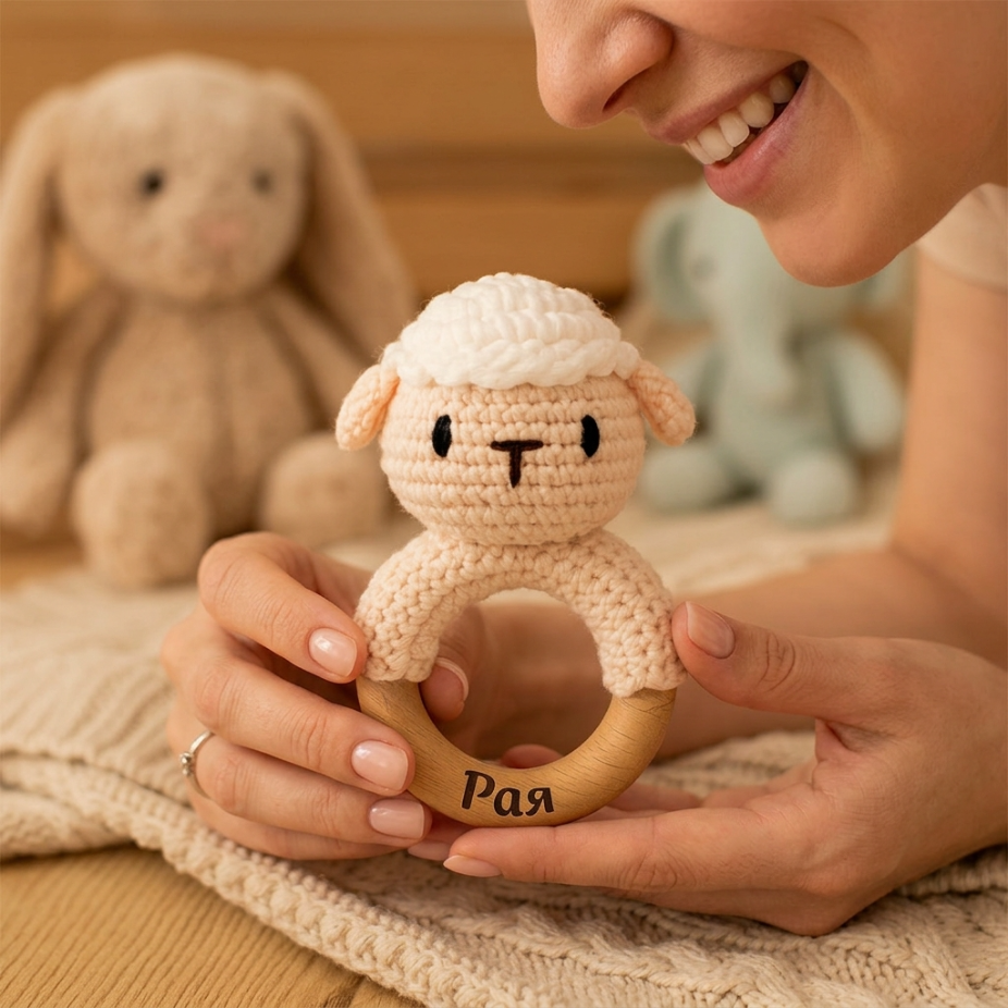 Персонализирана плетена бебешка дрънкалка – феичка, жирафче или агънце с дървен ринг