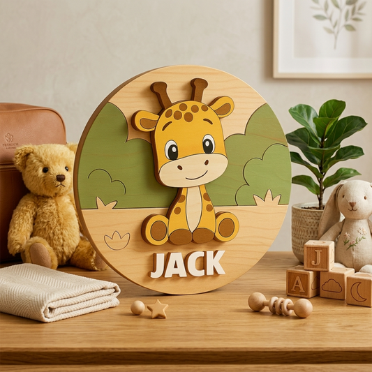 Персонализирана дървена табелка с име и животинче – за декорация на детска стая