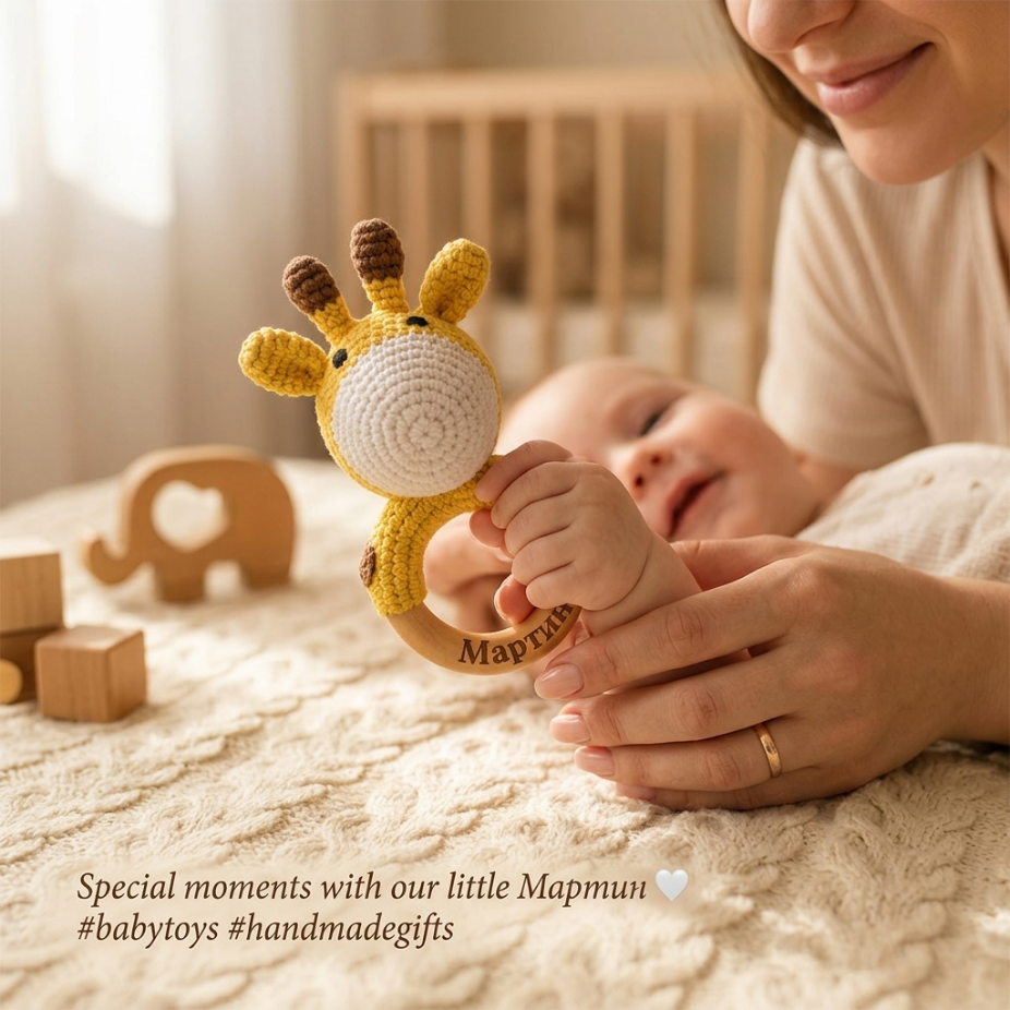 Персонализирана плетена бебешка дрънкалка – феичка, жирафче или агънце с дървен ринг