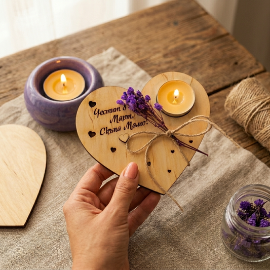 Дървено сърце със свещ “Обичам те” – символ на любов и топлина