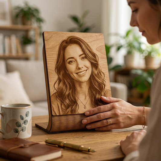 Гравирана Снимка върху Дърво със Стилна Ръчно Изработена Дървена Стойка