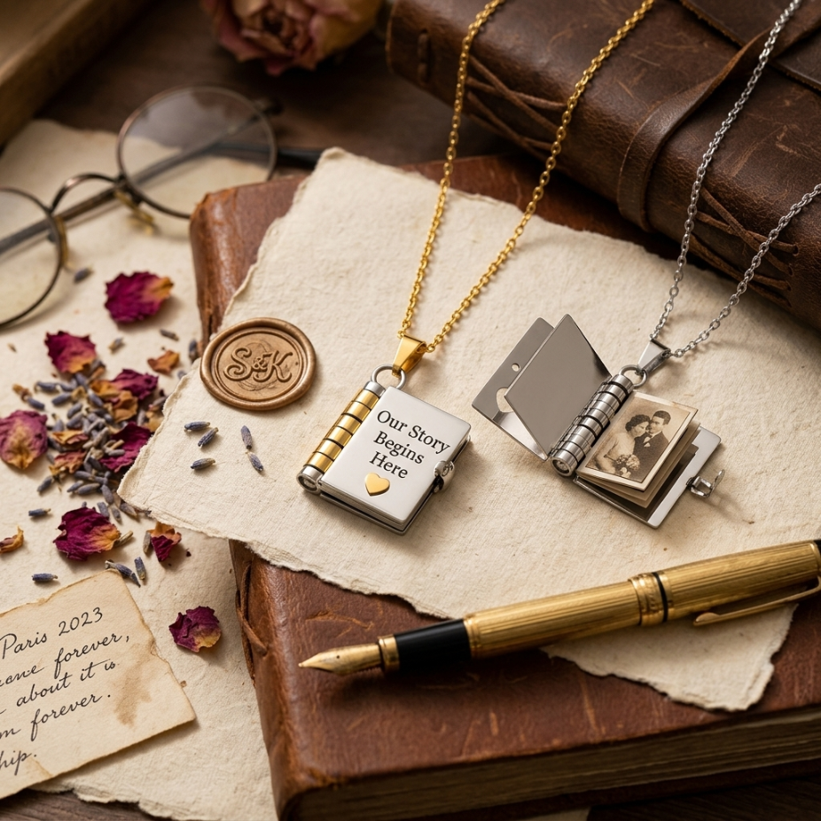 Гравирано колие книга със сърце с персонализирано послание