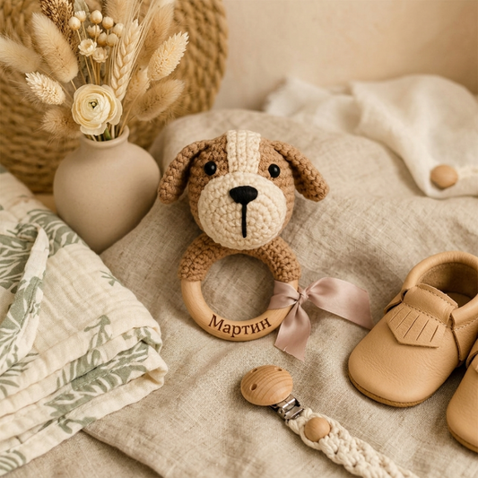 Персонализирана бебешка дрънкалка кученце с дървен ринг и гравирано име – ръчно изработена с любов