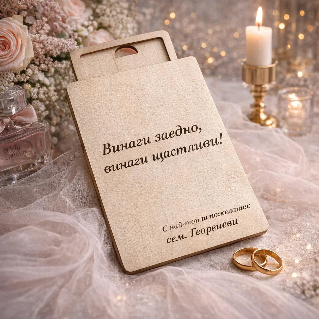 Персонализирана гравирана дъска от дърво с послание, подходяща като сватбен спомен, ръчна изработка от естествено дърво от exe.bg.