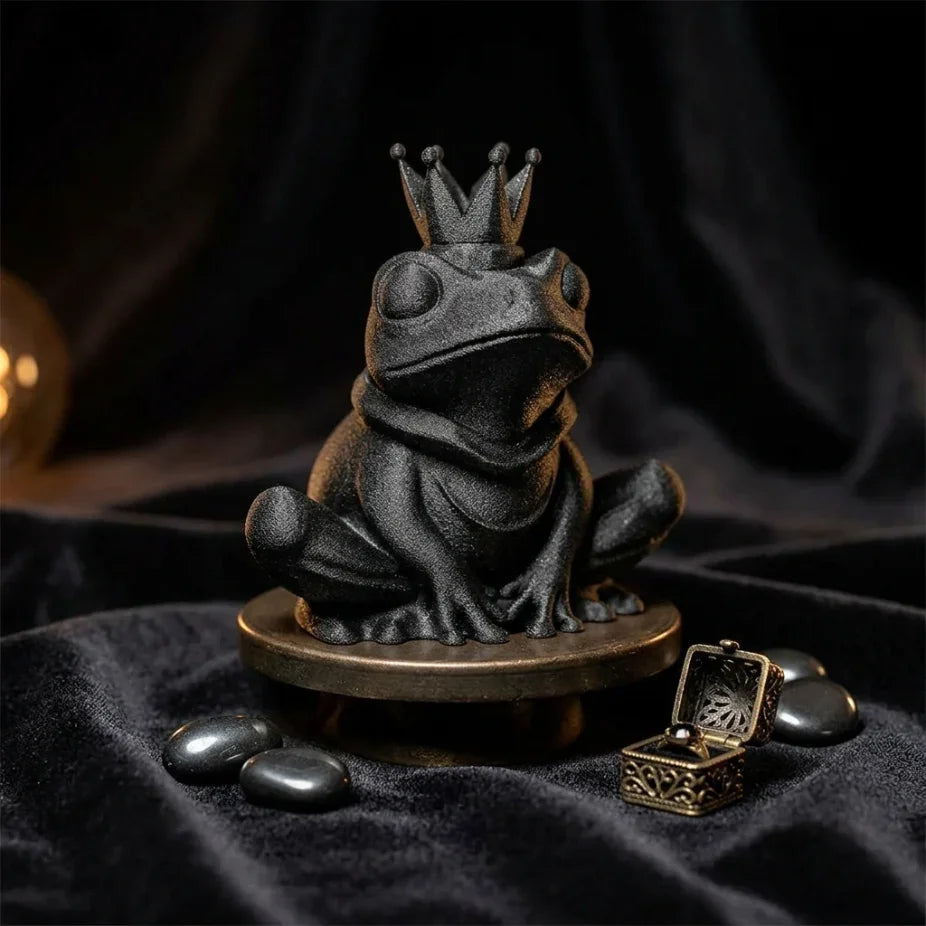 Черна 3D фигура на жаба с корона върху кадифе, оригинална декорация и изненада от exe.bg