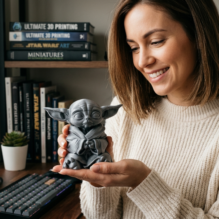 Жена държи ръчно рисувана 3D фигура на малък герой, подходяща изненада за фенове.