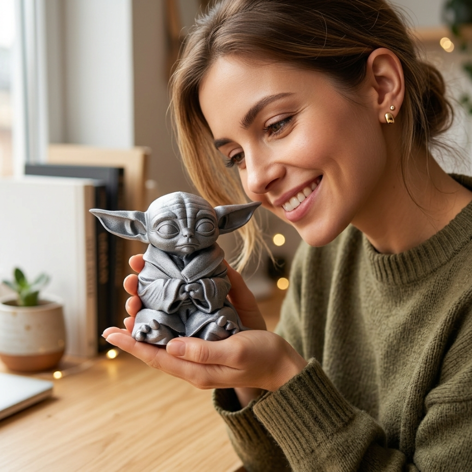Жена държи ръчно изработена 3D фигура на малко извънземно, оригинална изненада от естествен материал.
