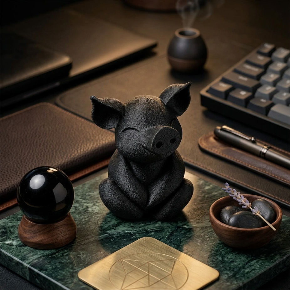 Черна 3D фигура на прасе, ръчно рисувана, стилна декорация за офис или дом, изненада от exe.bg.