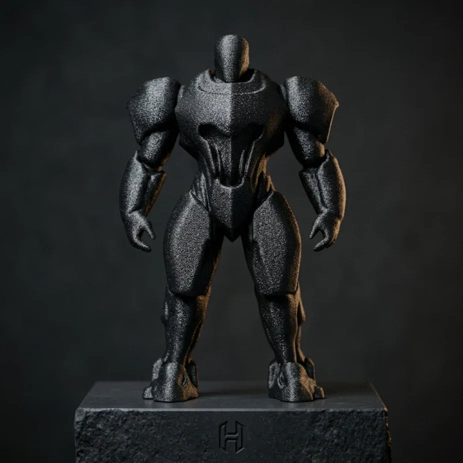 Черна 3D фигура на супергерой върху стойка, ръчно изработена детайлна декорация от exe.bg.
