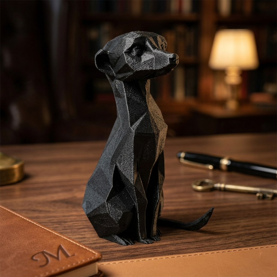 Черна полигониална 3D фигура на сурикат, модерен акцент за декорация, подходяща за изненада.