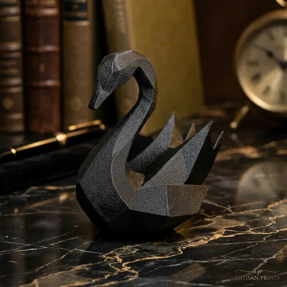 Стилна черна 3D фигура на лебед, ръчно изработена за елегантна декорация, от exe.bg.
