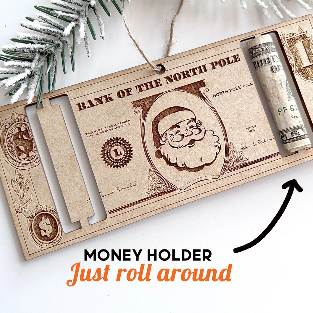 Дървена картичка-държач за пари, на която могат да се навият банкноти, и се превръща в забавен коледен подарък 