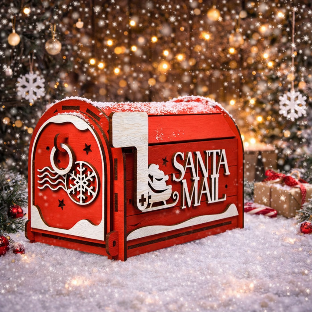 Коледна пощенска кутия Santa Mail в червено с дървени елементи, ръчна изработка от естествено дърво, декорация за празници от exe.bg.