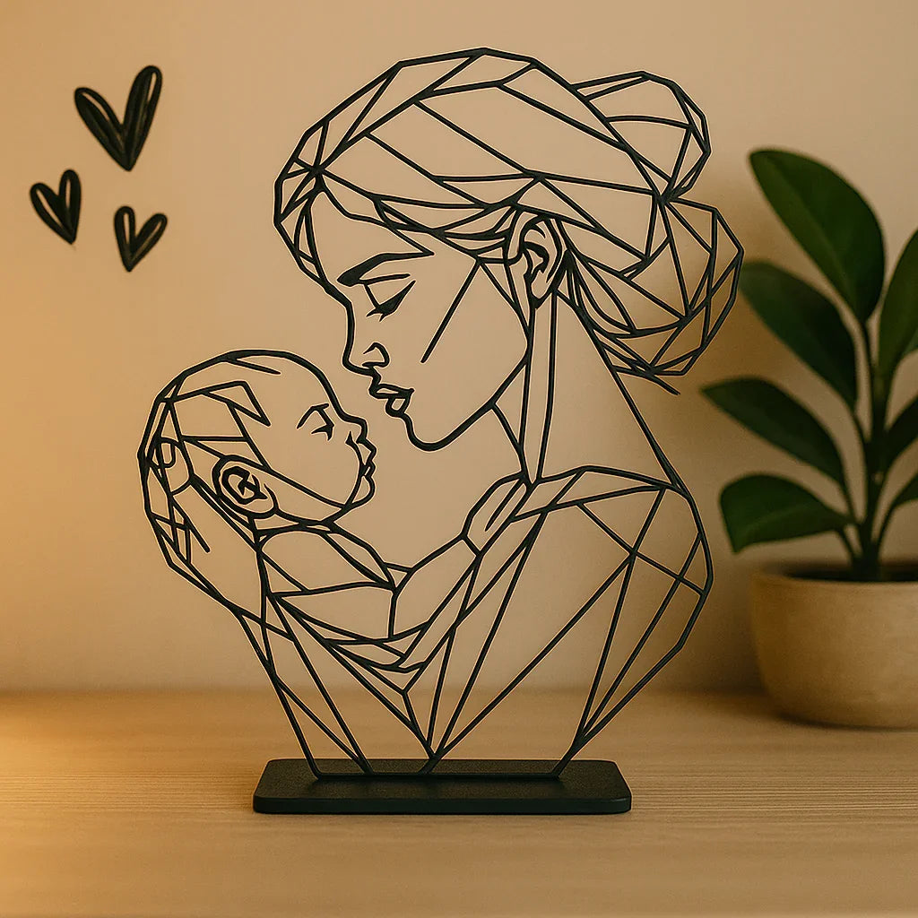 Line art скулптура на майка и бебе върху стойка
