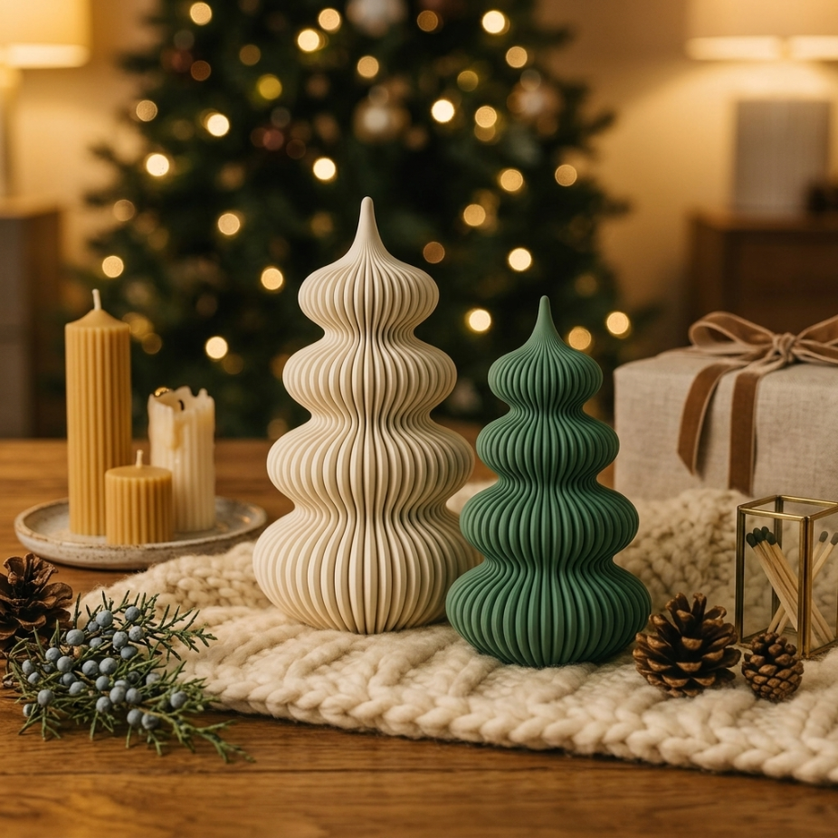 Декоративни фигури във форма на елха, подходящи за коледна изненада, на маса до свещи и подарък.