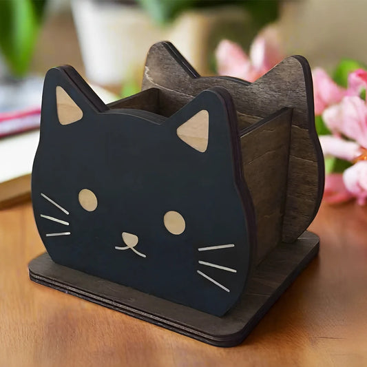 Дървен моливник с оригинален дизайн коте 