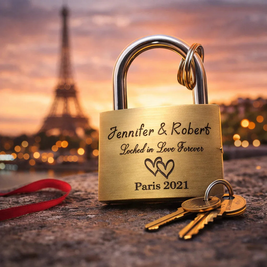 Гравирана катинар за любовна изненада със сърца, надписи и ключове, подходящ за романтичен спомен.