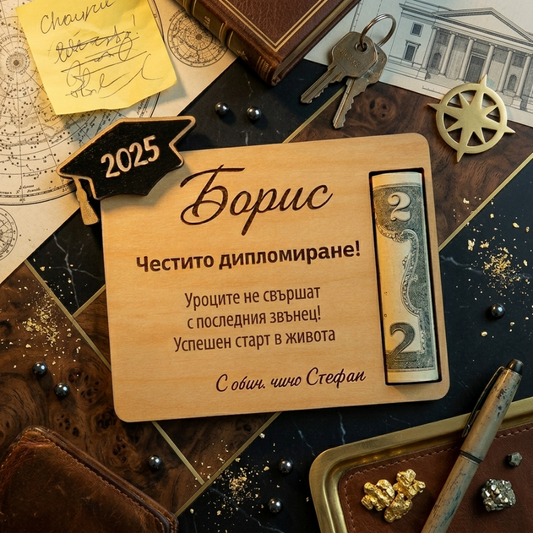 Персонализирана дървена табела с гравюра и отвор за пари, подходяща за дипломиране, ръчна изработка от естествено дърво от exe.bg.