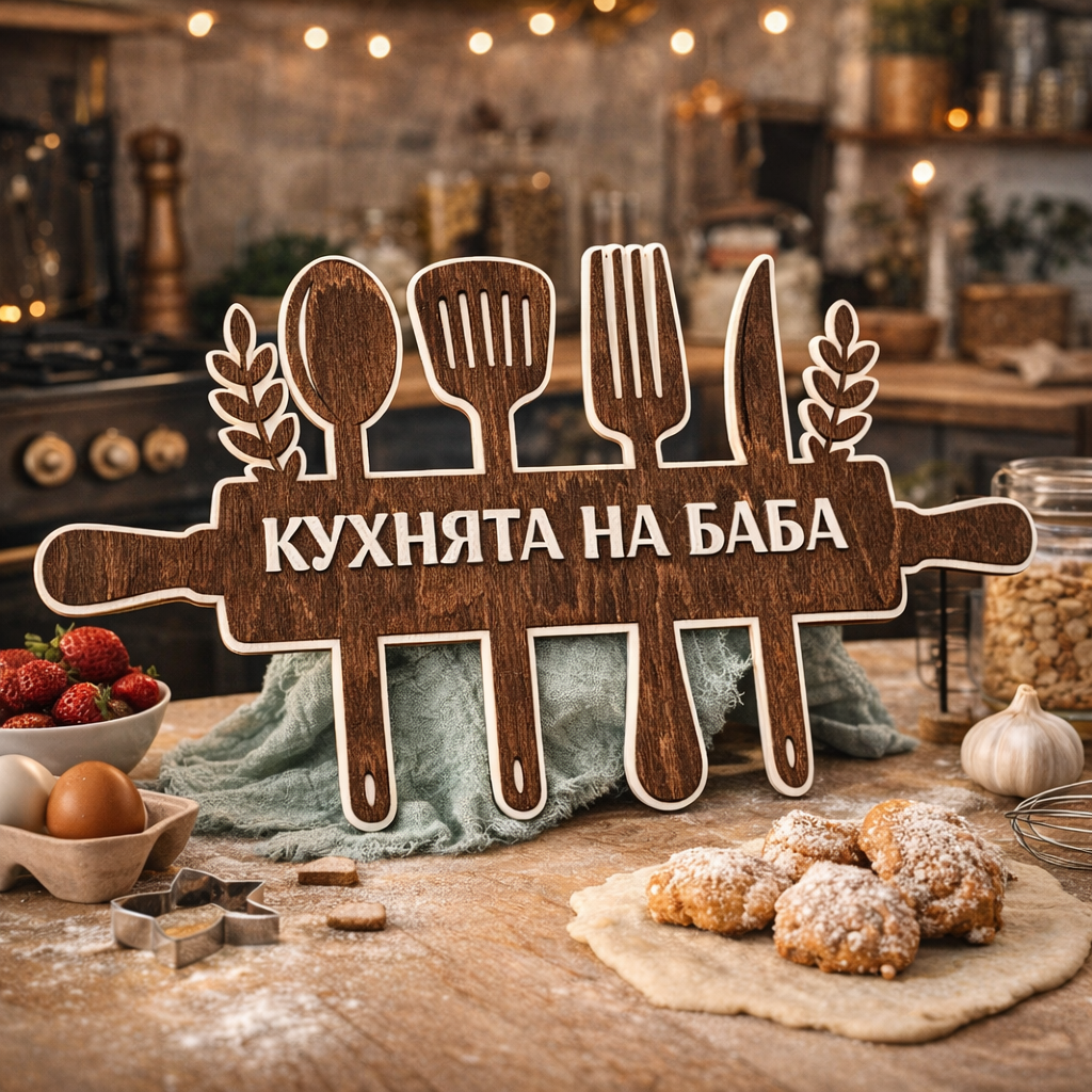 Декоративна табела за кухня с кухненски прибори и надпис „Кухнята на баба“, ръчна изработка от дърво, изненада за дома от exe.bg.
