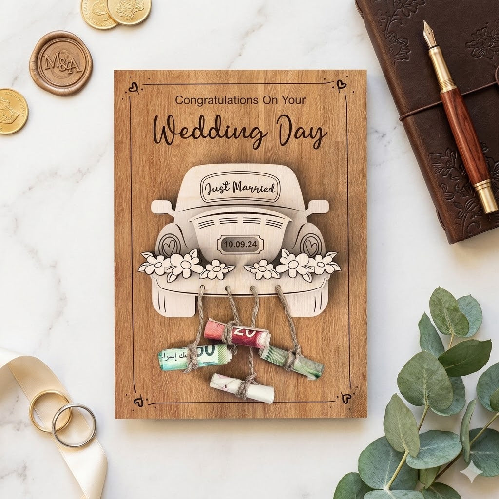 Карта за сватба с дървен автомобил, декорирана с банкноти и надпис Just Married, ръчна изработка от естествено дърво от exe.bg.