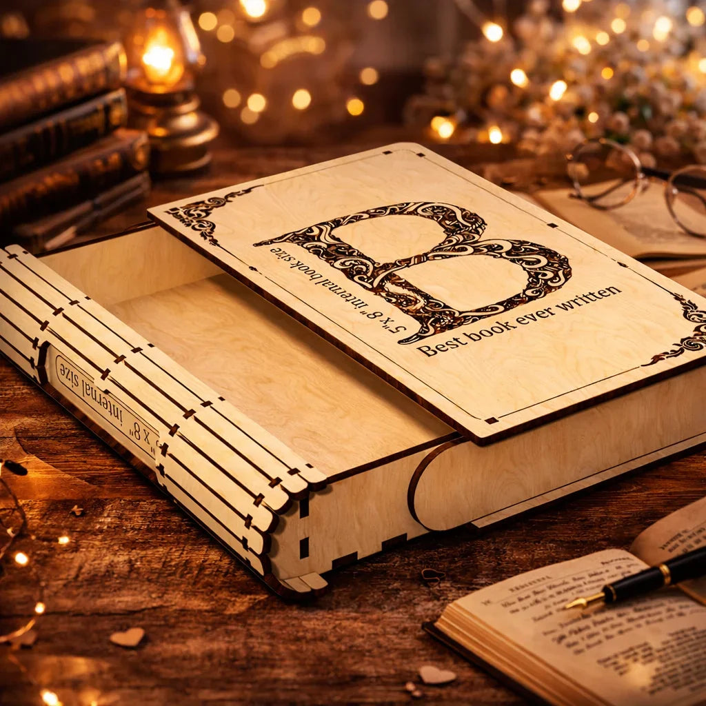 Декоративна кутия във форма на книга с гравиран капак, ръчна изработка от естествено дърво, изненада от exe.bg