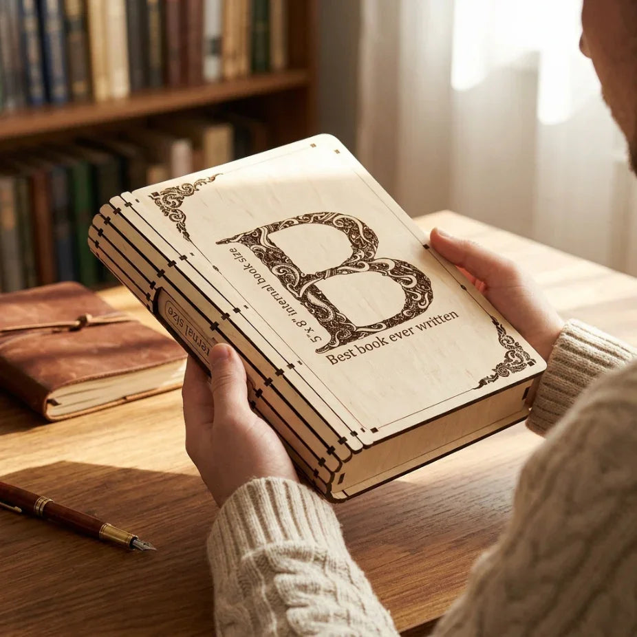 Дървена кутия във формата на книга с гравирана буква B, ръчна изработка от естествено дърво.