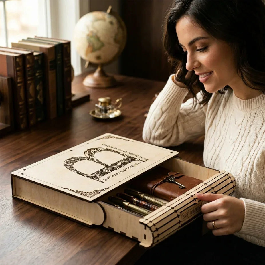 Дървена кутия във форма на книга с гравюра, стилна изненада, ръчна изработка от естествено дърво от exe.bg.