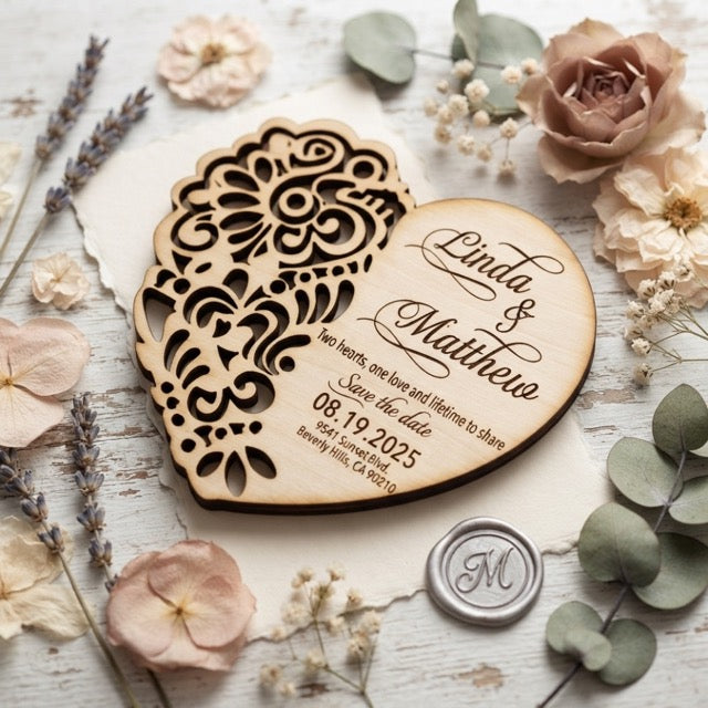дървено сърце save the date за сватбено тържество