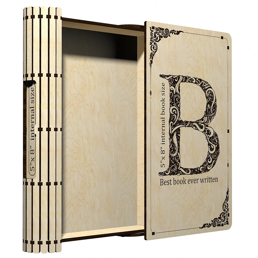 Персонализирана дървена кутия с форма на книга, отваряне и затваряне 