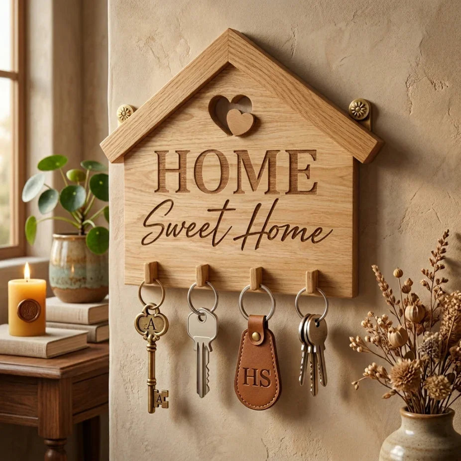 Дървен органайзер за ключове във форма на къща с надпис HOME Sweet Home, ръчна изработка от естествено дърво, стилна декорация за нов дом от exe.bg.