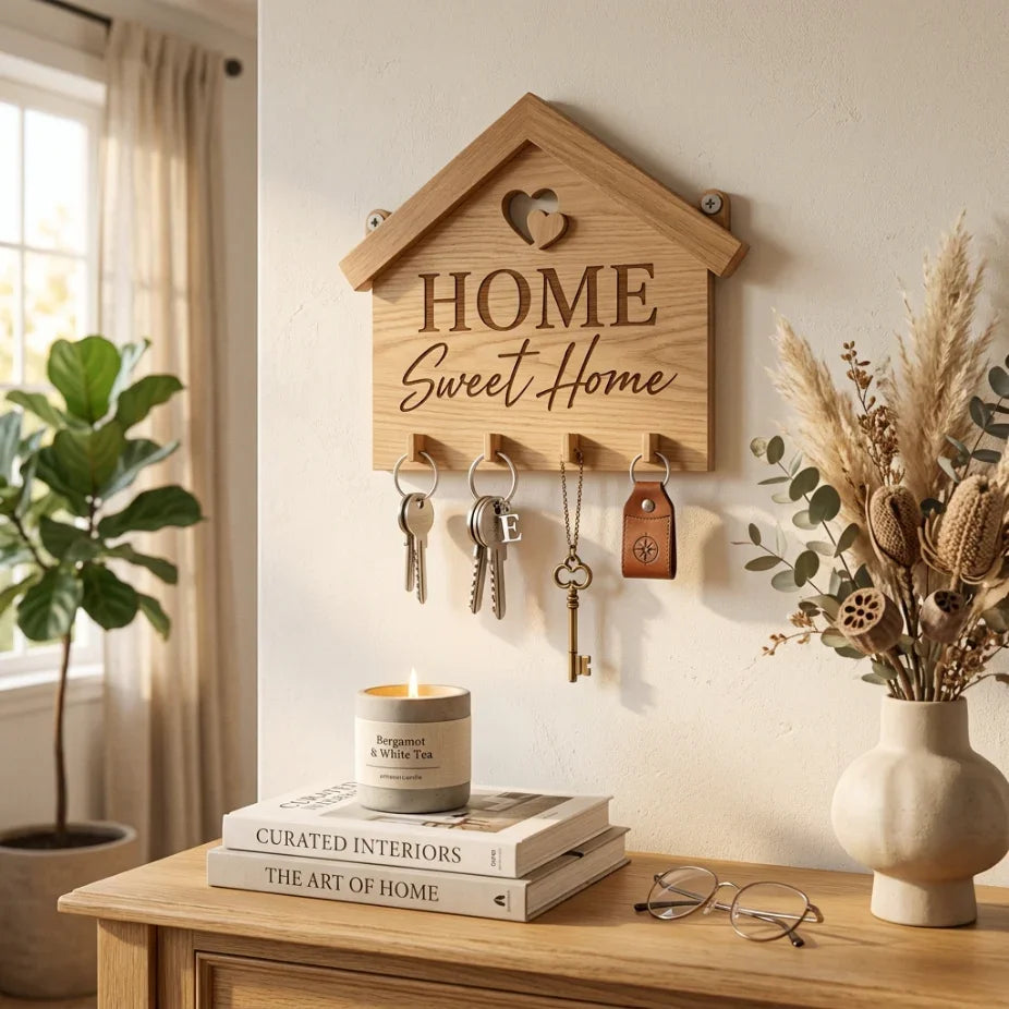 Дървен ключодържател за стена с надпис HOME Sweet Home, ръчна изработка от естествено дърво, подходящ за изненада за нов дом от exe.bg.