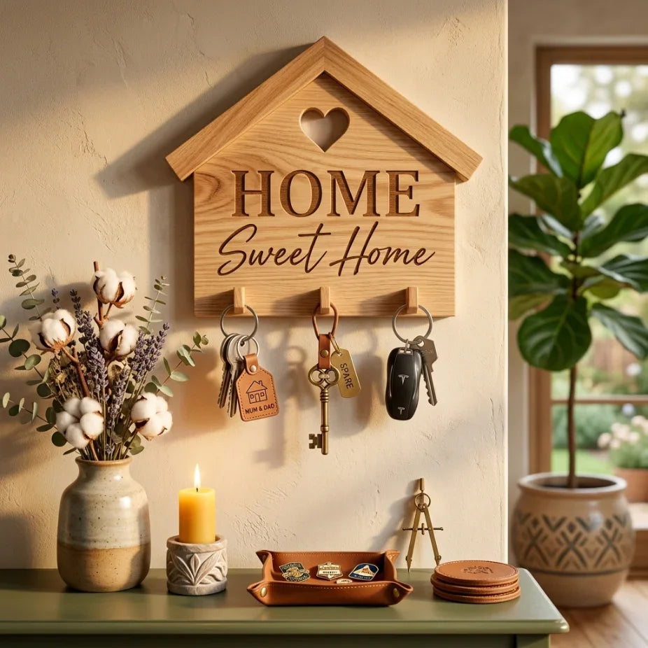 Дървена закачалка за ключове с надпис Home Sweet Home, ръчна изработка, изненада за нов дом от exe.bg.