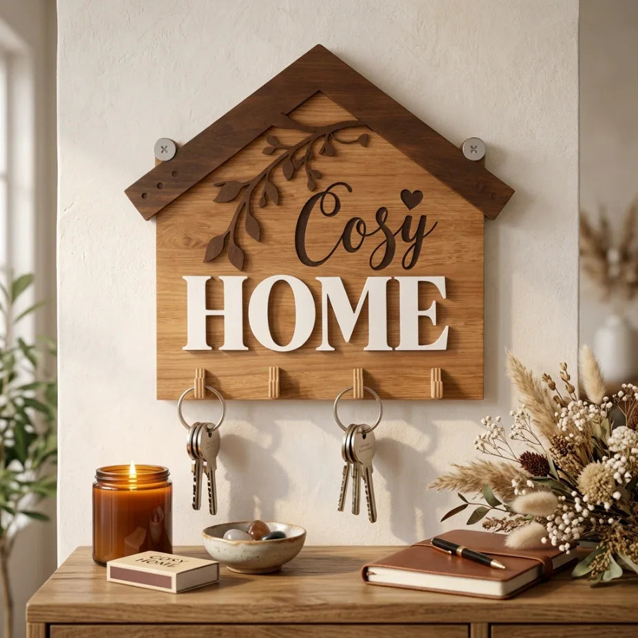 Дървена закачалка за ключове с надпис Cosy Home, ръчна изработка от естествено дърво, идеална изненада.