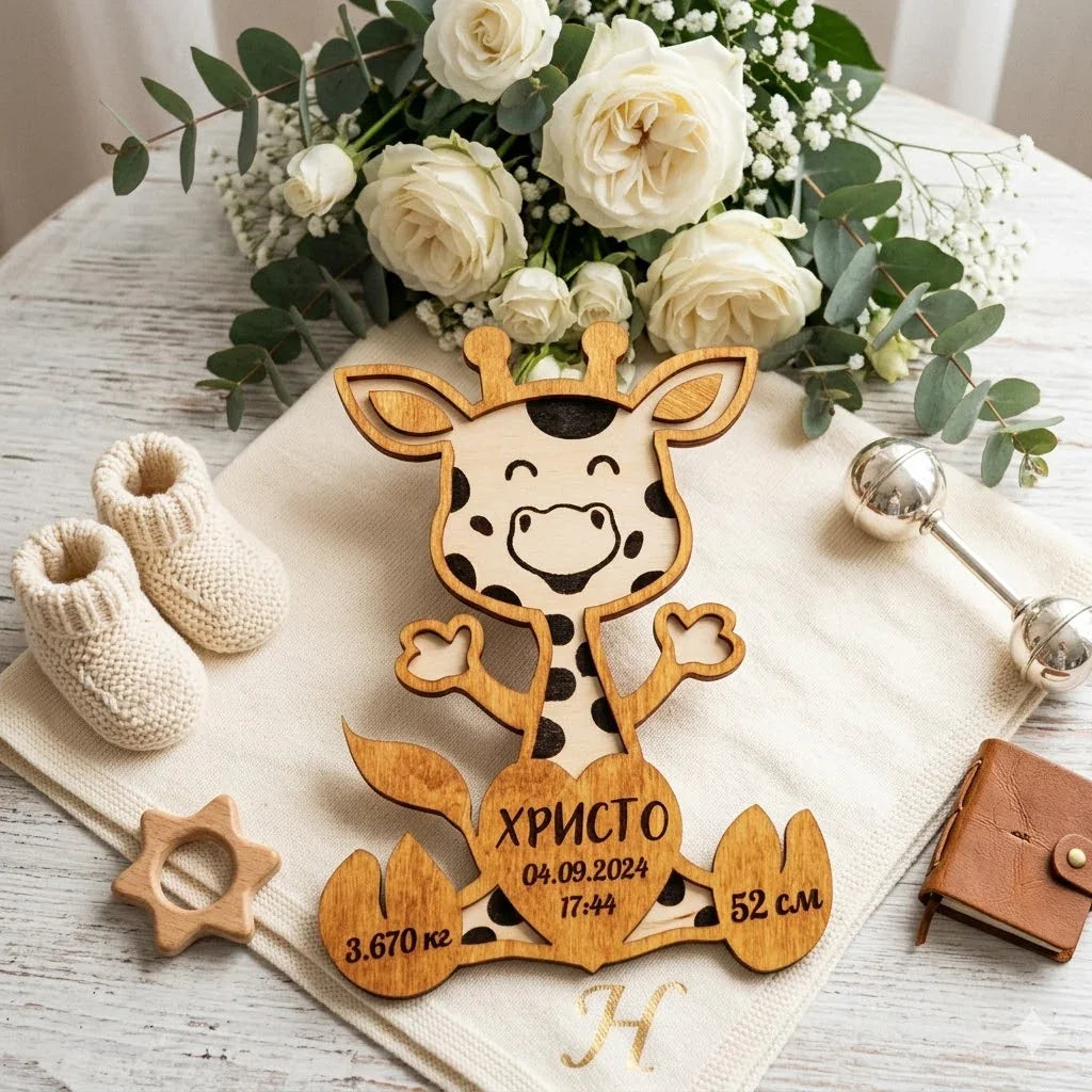 Персонализирана дървена фигура на жираф за бебе, ръчна изработка от естествено дърво от exe.bg.