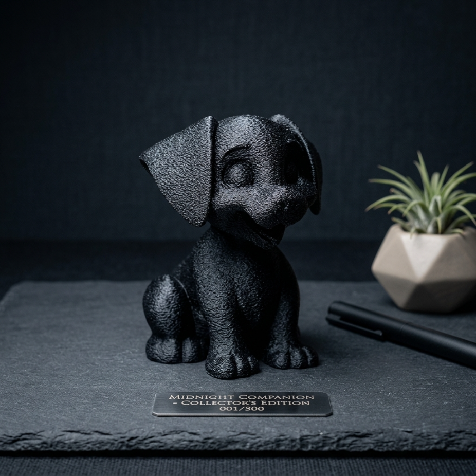 Черна декоративна 3D фигура на куче, идеална за стилна изненада или декорация.